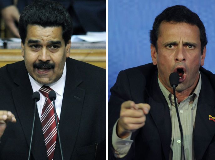 FILE) Composition made with two pictures, one showing Venezuela's then Vice-President Nicolas Maduro (L) delivering a speech at the National Assembly in Caracas on February 28, 2013 and another of Venezuela's opposition leader Henrique Capriles gesturing as he speaks during press conference in Caracas on March 10, 2013. Venezuela will hold presidential elections on April 14, with acting president Nicolas Maduro, the late Hugo Chavez's hand-picked successor, battling opposition candidate Henrique Capriles
