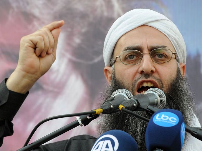 Prominent Sunni Muslim Salafist leader, Ahmed al-Assir speaks during a sit-in following Friday prayer in solidarity with the Syrian people and Syrian refugees at Tariq al-Jadidah in Beirut, Lebanon, 08 February 2013. Muslim leaders on 07 February called for a "serious dialogue" to end the Syrian crisis, backing an offer from an opposition leader for talks with regime officials who are not involved in a bloody crackdown on the two-year uprising. EPA/WAEL HAMZEH