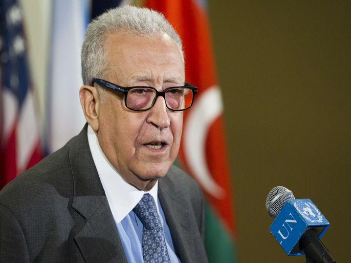 In this image released by the United Nations, UN-Arab League envoy Lakhdar Brahimi speaks to the press on April 19, 2013, at the United Natuions in New York