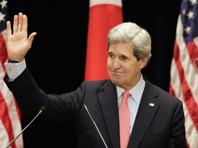 US Secretary of State John Kerry waves after delivering a policy speech at the Tokyo Institute of Technology on the 21st Century Pacific Partnership in Tokyo on April 15, 2013. Kerry, speaking in Japan on the last leg of an Asian tour dominated by the crisis on the Korean peninsula, said on April 15 the US will talk with North Korea if it takes "meaningful steps" towards peace. AFP