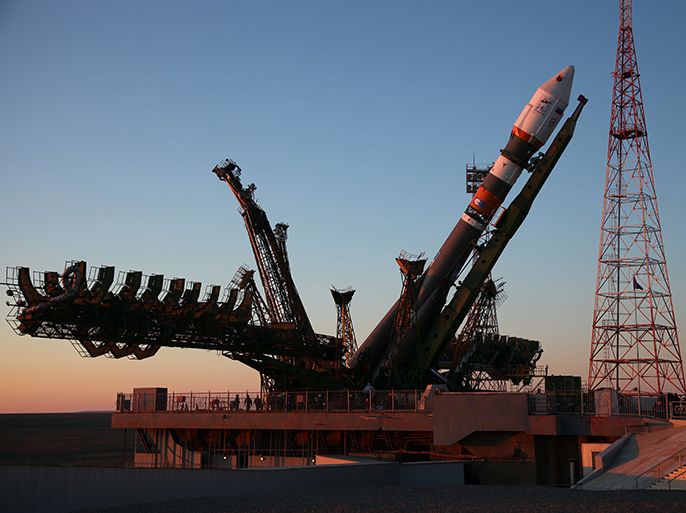 A Soyuz-2.1b carrier rocket, carrying a Bion-M satellite is mounted on a launch pad in the Russian leased Kazakhstan's Baikonur cosmodrome on April 18, 2013. Bion-M, part of the Russia's space program, is to conduct fundamental and applied research in space biology, physiology and biotechnology while in orbit, RIA-Novosti news agency reported. AFP PHOTO
