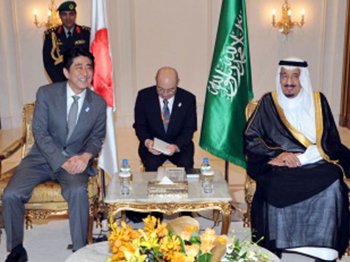 : A handout picture released by the Saudi Press Agency (SPA) shows Saudi Crown Prince and Defence Minister Salman bin Abdul Aziz (R) meeting with Japanese Prime Minister Shinzo Abe (L) upon his arrival in Riyadh on April 30, 2013. AFP PHOTO/HO/SPA