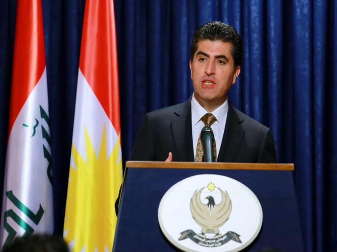ARB04 - Arbil, -, IRAQ : Nechirvan Barzani, the premier of the autonomous Kurdistan region, speaks during a press conference in northern Iraqi city of Arbil on May 1, 2013. Barzani met Iraqi Prime Minister Nuri al-Maliki, with both agreeing to enhance security coordination after the deployment of Kurdish forces in disputed Kirkuk province threatened another crisis. AFP PHOTO/SAFIN HAMED