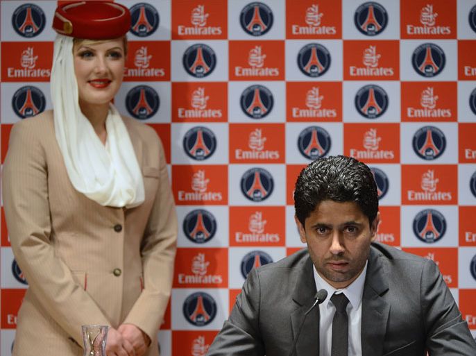 Paris Saint-Germain (PSG) football club's chairman Nasser Al-Khelaifi gives a press conference on May 17, 2012 at the Parc des Princes stadium in Paris. AFP PHOTO / BERTRAND GUAY