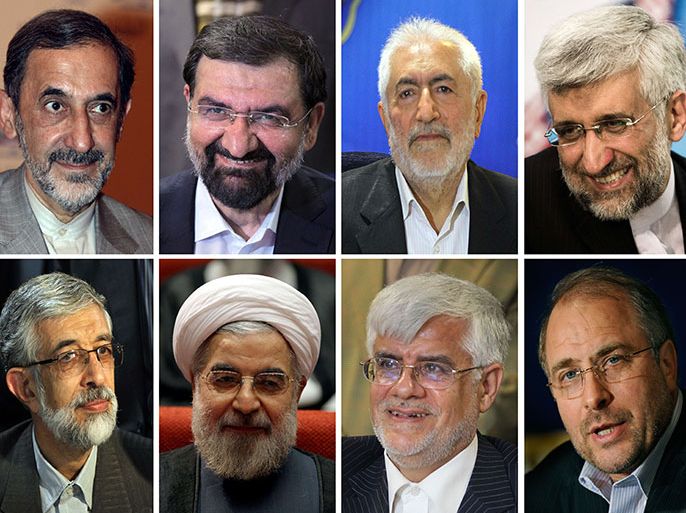 A combo made up of file and recent pictures taken on various dates at different locations shows the eight candidates who won approval to stand in Iran's June 14, 2013 presidential elections: (Top L-R) Iran's former foreign minister Ali Akbar Velayati, former chief of the Revolutionary Guards Mohsen Rezai, Mohammad Qarazi and former chief nuclear negotiator Saeed Jalili. (Bottom L-R) Former parliament speaker, Gholam Ali Haddad Adel, former top nuclear negotiator Hassan Rowhani, former Vice-President Mohammad Reza Aref and Tehran's Mayor Mohammad Baqer Qalibaf. No explanation was given for the disqualifications of Iran's moderate ex-president Akbar Hashemi Rafsanjani and a former government official Esfandiar Rahim Mashaie, who have been barred from contesting. AFP PHOTO /DSK