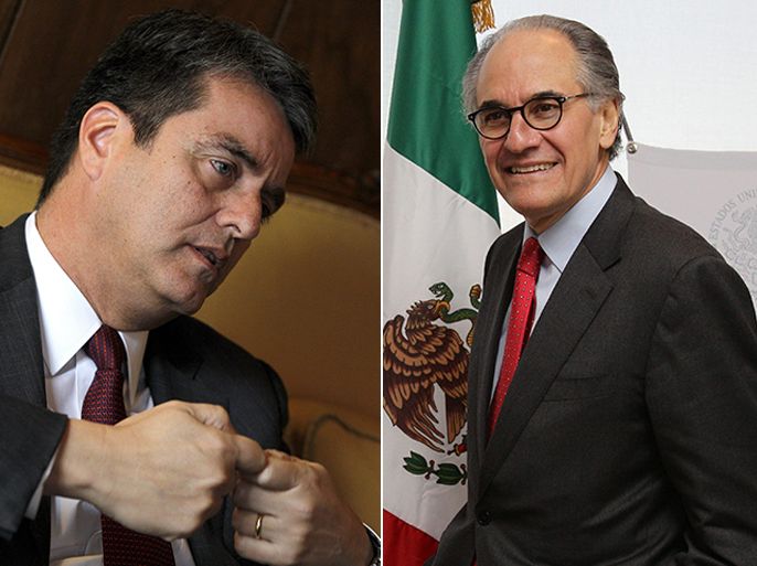 epa03677109 A composite file picture shows Brazilian Diplomat Roberto Azevedo (L) (on 17 March 2013) and Mexican former Minister Herminio Blanco (R) ( on 17 February 2013), both candidates for the Direction of the World Trade Organization (WTO). Blanco has been negotiatior of historic trades and Azevedo have been Ambassador in several countries. EPA/----