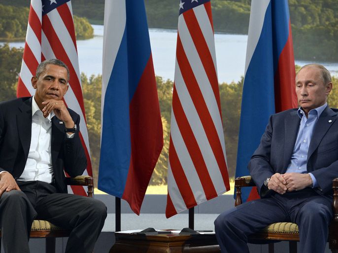 US President Barack Obama (L) holds a bilateral meeting with Russian President Vladimir Putin during the G8 summit at the Lough Erne resort near Enniskillen in Northern Ireland, on June 17, 2013. The conflict in Syria was set to dominate the G8 summit starting in Northern Ireland on Monday, with Western leaders upping pressure on Russia to back away from its support for President Bashar al-Assad