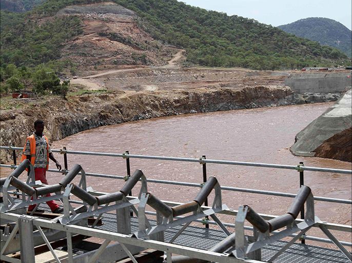 A man walks over a bridge by the construction of Ethiopia's Great Renaissance Dam in Guba Woreda, some 40 km (25 miles) from Ethiopia's border with Sudan, June 28, 2013. Egypt fears the $4.7 billion dam, that the Horn of Africa nation is building on the Nile, will reduce a water supply vital for its 84 million people, who mostly live in the Nile valley and delta. Picture taken June 28, 2013. REUTERS/Tiksa Negeri (ETHIOPIA - Tags: POLITICS SOCIETY ENERGY ENVIRONMENT)