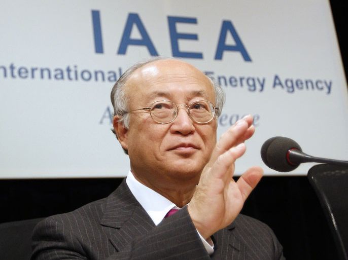 epa03593931 (FILE) A file photograph showing International Atomic Energy Agency (IAEA) Director General Yukiya Amano from Japan speaking during an IAEA Ministerial Conference on Nuclear Safety in Vienna, Austria, 20 June 2011. Media reports on 21 February 2013 state that the IAEA said that Iran has begun installing advanced centrifuge machines for enriching uranium at its nuclear plant at Natanz. EPA/GEORG HOCHMUTH