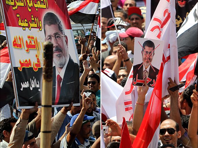 كومبو - يمين المعارضين للرئيس مرسي من ميدان التحرير وأنصار الرئيس محمد مرسي من رابعة العدوية . المصدر الأوربية