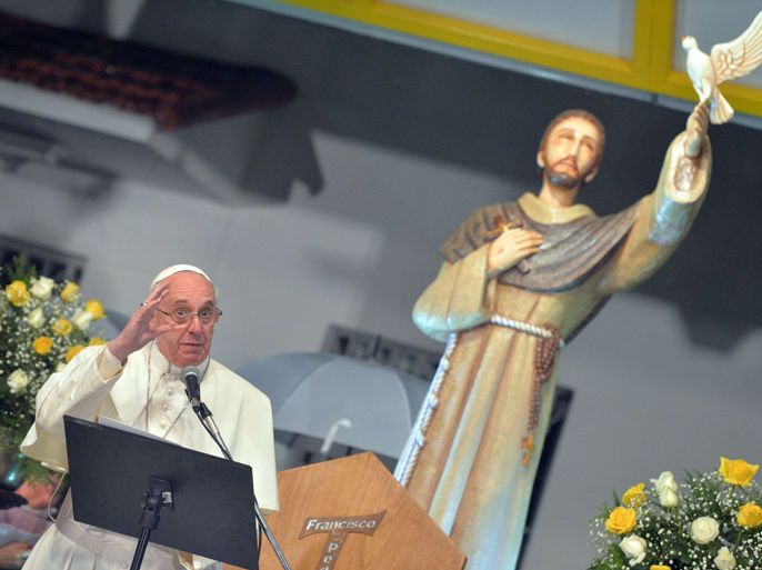 : Pope Francis speaks during his visit to St. Francis of Assisi Hospital in Rio de Janeiro, Brazil on July 24, 2013. Pope Francis warned Catholics on Wednesday against "ephemeral idols" like money at his first public mass in his native Latin America as huge crowds lined the streets to cheer him. The first Latin American and Jesuit pontiff visited Aparecida to lead his first big mass since arriving in the country for a week-long visit of which highlight is the huge five-day Catholic gathering World Youth Day
