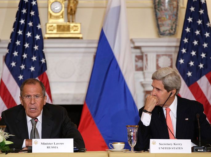 WASHINGTON, DC - AUGUST 09: U.S. Secretary of State John Kerry listens as Russian Foreign Minister Sergey V. Lavrov (L) speaks during a meeting at the U.S. State Department on August 9, 2013 in Washington, DC. According to reports the meeting could help determine the fate of a planned summit meeting in September between U.S. President Barack Obama and Russian President Vladimir V. Putin. Win McNamee/Getty Images/AFP== FOR NEWSPAPERS, INTERNET, TELCOS & TELEVISION USE ONLY ==