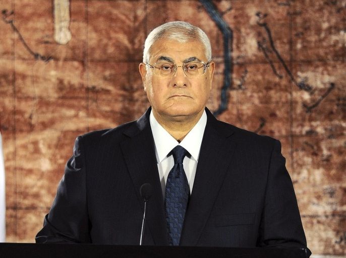 In this Monday, July 22, 2013 image released by the Egyptian Presidency, Egypt's interim President Adly Mansour calls for reconciliation in a nationally televised speech in Cairo, Egypt. "We ... want to turn a new page in the nation's book," he said."No contempt, no hatred, no divisions and no collisions."