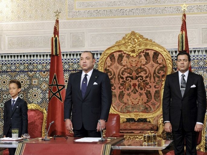 Morocco's King Mohammed (C) accompanied with Prince Moulay Rachid (R) and son Moulay Hassan III (L) prepare a speech to mark the 60th anniversary of the People and the King's Revolution in Rabat August 20, 2013. Picture taken August 20, 2013.