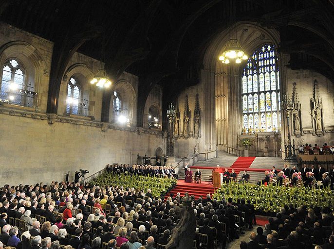 epa02341564 Pope Benedict XVI gives his speech in Westminster Hall, London, England on 17 September 2010 on the second day of his State Visit. The first state visit of a Pope to Britain began in Scotland 16 September 2010, where Benedict met Queen Elizabeth II at the Palace of Holyroodhouse in Edinburgh. The 83-year-old head of the Roman Catholic Church will visit Glasgow, London and Birmingham on the four-day trip. EPA/JOHN STILWELL / POOL