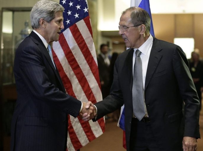 US Secretary of State John Kerry (L) and Russian Foreign Minister Sergey Lavrov shake hands at the end of their bilateral meeting during the 68th United Nations General Assembly at United Nations headquarters in New York, USA, 24 September 2013.