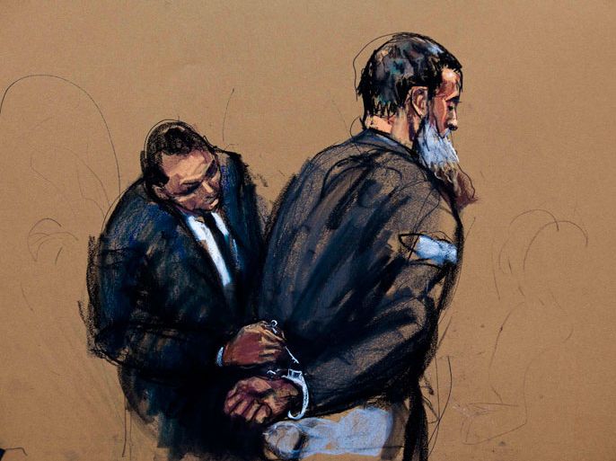 courtroom sketch shows Nazih al-Ragye known by the alias Abu Anas al-Liby as he appears in Manhattan Federal Court for an arraignment in New York, October 15, 2013. An alleged senior al Qaeda figure pleaded not guilty in federal court on Tuesday to involvement in the 1998 bombing of the U.S. Embassy in Kenya, which killed more than 200 people. Judge Lewis Kaplan ordered Nazih al-Ragye, better known as Abu Anas al-Liby, detained without bail as a flight risk, saying, "There are no conditions under which he could be released and ensure the safety of the community." REUTERS/Jane Rosenberg