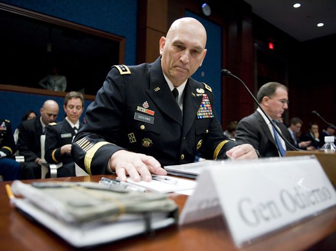 epa01881101 General Ray Odierno, commanding general of the Multi-National Force Iraq, testifies at a House Armed Services Committee hearing on the status of ongoing US efforts in Iraq on Capitol Hill in Washington, DC, USA 30 September 2009. Odierno told the panel that he could reduce American forces to 50,000 troops before the end of next summer, assuming the Iraqi elections went smoothly.