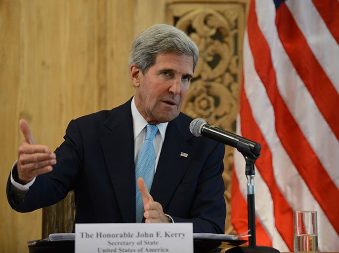 US Secretary of State John Kerry speaks to journalists during a press conference with Russian Foreign Minister Sergei Lavrov (not pictured) on the sidelines of the Asia-Pacific Economic Cooperation (APEC) Summit in Nusa Dua on Indonesia's resort island of Bali on October 7, 2013.
