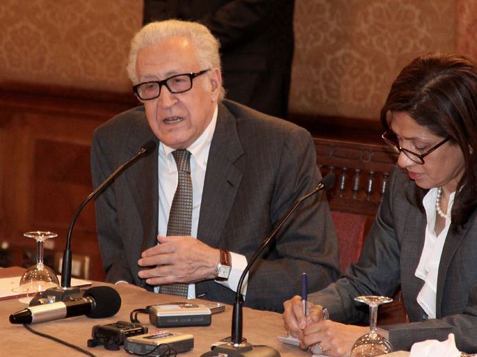 UN-Arab League envoy to Syria Lakhdar Brahimi (L) attends a press conference in the Syrian capital Damascus on November 1, 2013 prior to his visit to Lebanon. Brahimi said that a proposed Geneva peace conference to end the war in Syria could not be held without the participation of the opposition