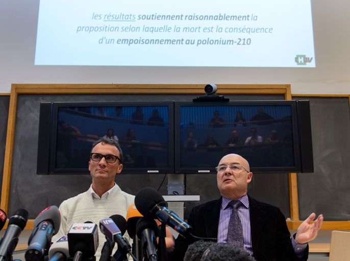 Head of the Institute for Radiation Physics (IRA) François Bochud (L) and the head of the Lausanne University Centre of Legal Medicine (CURML) Patrice Mangin attend a press conference on November 7, 2013 in Lausanne after the Swiss scientists have concluded that Palestinian leader Yasser Arafat probably died from polonium poisoning, according to a text of their findings published by Al-Jazeera television. AFP