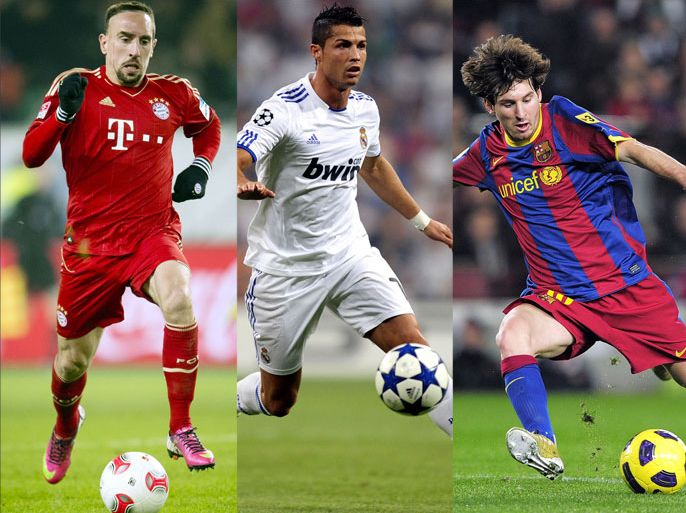 A combination of file pictures shows (L-R) Bayern Munich's French midfielder Franck Ribery, Real Madrid's Portuguese forward Cristiano Ronaldo and Barcelona's Argentinian forward Lionel Messi. Lionel Messi, Franck Ribery and Cristiano Ronaldo were on December 9, 2013 shortlisted for this year's Ballon d'Or, football's world governing body FIFA and sponsors France Football magazine said. Barcelona forward Messi has already won the title four times but seems