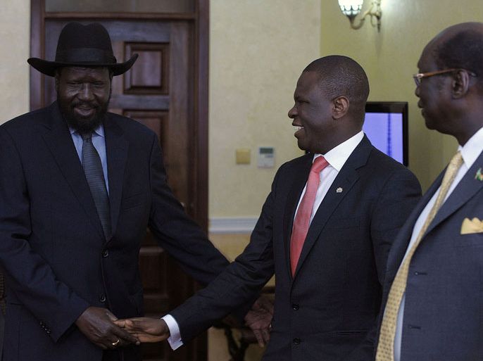 South Sudan's President Salva Kiir (L) welcomes Nigeria's acting Foreign Minister Nurudeen Mohammed at his office in Juba on December 22, 2013. World leaders stepped up efforts Sunday to pull South Sudan back from the brink of all-out civil war, as fighting raged across the country including in a key oil-producing region. Special envoys from the United States and Nigeria were flying into the capital Juba, following on from a mission by foreign ministers from east Africa and the Horn and after an appeal for an end to the violence from United Nations chief Ban Ki-moon. AFP PHOTO/Tony KARUMBA