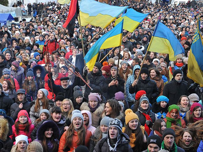 Some ten thousand students rally in western Ukrainian city of Lviv on December 10, 2013, a day after Ukrainian police forced protesters who have blockaded the government headquarters in central Kiev for a week to move away from the building. Ukrainian President Viktor Yanukovych on Tuesday held talks with his three predecessors in a bid to defuse an escalating standoff with pro-EU protesters, as several demonstrators were injured in fresh clashes with police. With concern growing over the risk of an even bloodier confrontation between police and protesters, EU foreign policy chief Catherine