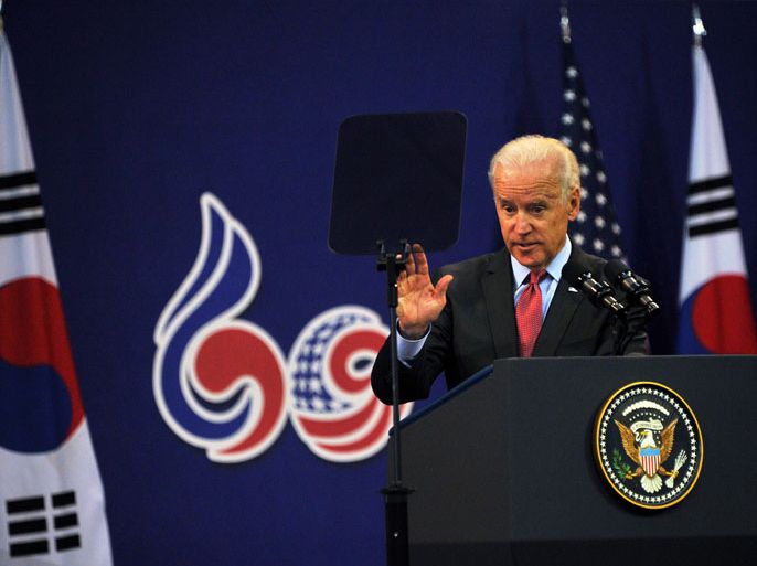 SEOUL, -, REPUBLIC OF KOREA : US Vice President Joe Biden delivers remarks on the US-South Korea partnership and US policy in the Asia-Pacific region at Yonsei University in Seoul on December 6, 2013. He is on the final leg of his three-nation Asia visit that also took him to Japan and China