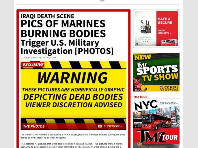 This Wednesday, Jan. 14, 2014 screenshot shows the TMZ website with their story about U.S, military members burning bodies. The U.S. Marine Corps said Wednesday, Jan. 15, 2014, it is attempting to determine the authenticity of photos published by TMZ.com that the entertainment website says show Marines appearing to burn bodies of dead Iraqi insurgents in Fallujah in 2004. (AP Photo)