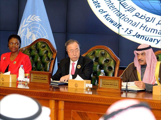 Valerie Amos UN's Under-Secretary-General for Humanitarian Affairs and Emergency Relief Coordinator (L), UN Secretary General Ban Ki-moon (C) and Kuwaiti Foreign Minister Sheikh Sabah al-Khaled al-Sabah attend the opening