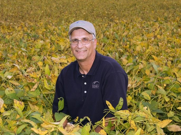 In this Sept. 2008 photo provided by the Illinois Soybean Association, farmer Ron Moore is surrounded by soybean plants outside Roseville, Ill. Over the past 16 years, biotechnology has helped Moore grow corn that survived the kind of drought that decimated crops in the 1980s, produce higher-quality grain to feed his livestock and yield sweet corn so plentiful his family has been able to donate their extras to the church and local food pantry. But the same scientific advances that have so greatly altered the agriculture industry also have made some consumers nervous about what they may be putting into their bodies, and what long-term effects it could have. Illinois State Sen. David Koehler, says those concerns prompted legislation he’s proposing that would require food produced with genetic engineering _ often called “GMOs,” or genetically modified organisms _ to be labeled. (AP Photo/Illinois Soybean Association,Ken Kashian)