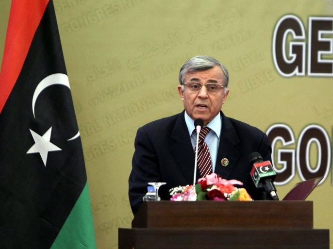Libyan General National Congress, Nuri Abu Sahmein, speaks during a ceremony to announce the date for the election into the Constituent body that will draft Libya's national constitution, in Tripoli, Libya, 30 January 2014. Some 1.1 million voters are to head to the polls on 20 February to elect the 60-member commission, which will draw up a new constitution.