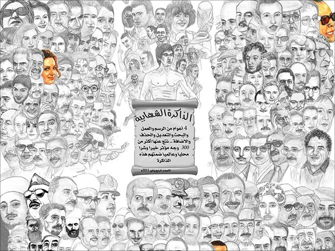 لوحة الذاكرة الشهابية والتي رسم فيها أكثر من ثلاثمائة وجه لمشاهير العالم(الجزيرة)
