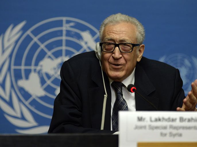 UN-Arab League envoy for Syria Lakhdar Brahimi speaks during a press conference on the Syrian peace talks at the United Nations headquarters on February 13, 2014 in Geneva. High-level Russian and US diplomats have promised to help unblock the deadlocked Syria peace talks in Geneva, UN mediator Lakhdar Brahimi said Thursday. AFP PHOTO / PHILIPPE DESMAZES