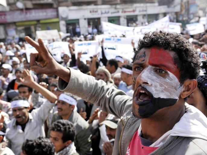 Yemeni protesters shout slogans during a demonstration demanding the dismissal of the government in Sana'a, Yemen, 11 February 2014. Reports state thousands of Yemeni anti-government protesters took to the streets to demand that the government be sacked, calling for the formation of a new government tasked with implementing the outcomes of the country's national dialogue.