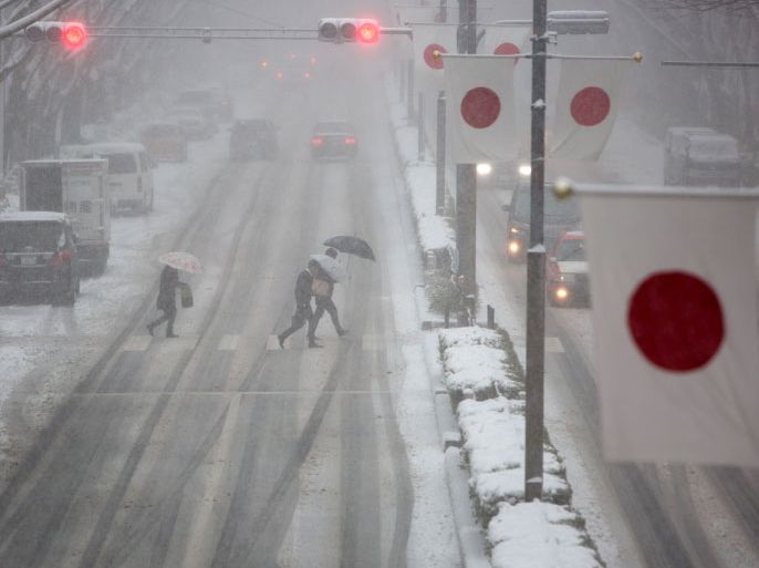 Pedestrians rush to cross a street as snow falls in central Tokyo, Japan, 08 February 2014.