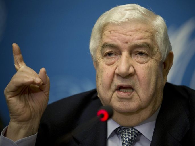 FILE - In this file photo taken Friday, Jan. 31, 2014, Syria's Foreign Minister and head of the Syrian government delegation Walid al-Moallem gestures during a press conference at the United Nations headquarters in Geneva, Switzerland. Lebanese security officials said Friday, March 14, that Syrian Foreign Minister Walid al-Moallem has been rushed to a Beirut hospital and is undergoing treatment there. The officials didn’t say when al-Moallem was brought to the American University of Beirut Medical Center. (AP Photo/Anja Niedringhaus, File)