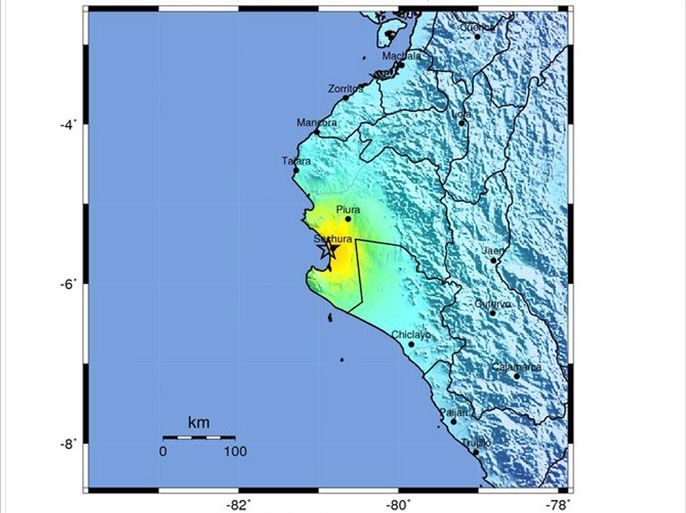 epa04127392 A handout image released by the US Geological Survey (USGS) on 16 March 2014 shows a shakemap of the location and intensity of an earthquake near the coast of Northern Peru on 15 March 2014. A 6.3 to 6.5 magnitude tremor at a depth of 9.8 km struck near the town of Sechura, Peru. There are no immediate reports of damage or injuries. EPA/USGS HANDOUT EDITORIAL USE ONLY