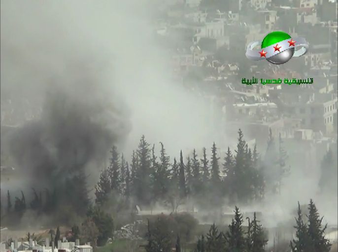 لحظة قصف الطيران الحربي لمدينة قدسيا 19.3.2014( مصدر الصورة نشطاء)