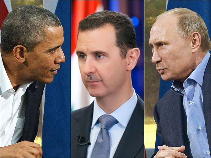 ‪صورة للرئيس السوري بشار الأسد تتوسط صورتي الرئيس الروسي فلاديمير بوتين (يمين) والأميركي باراك أوباما‬ (الجزيرة-الفرنسية)
