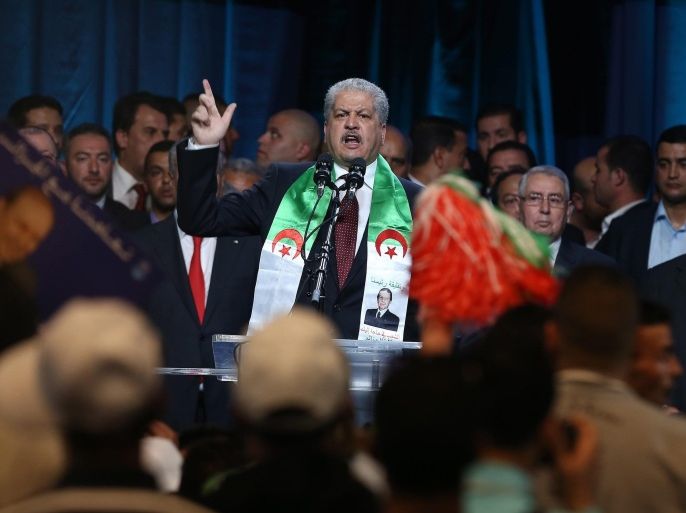 Abdelmalek Sellal, the former premier and campaign manager for President Abdelaziz Bouteflika, delivers a speech during an election rally campaign, in Algiers, Algeria, 13 April 2014. Campaigning for the upcoming presidential elections started on 23 March 2014. The Algerian Constitutional Council announced on 13 March 2014 a list of six candidates who will run in the presidential elections scheduled for 17 April.
