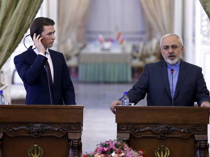 Iranian Foreign Minister Mohammad Javad Zarif (R) and his Austrian counterpart Sebastian Kurz (L) are seen during a joint press conference in Tehran, Iran, 27 April 2014. Zarif said that Iran's missile program would, even if demanded by the U.S., not be an issue in the nuclear negotiations.