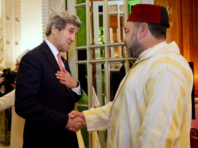 U.S. Secretary of State John Kerry, left, meets with Moroccan King Mohammed VI inside the King's office at the Royal Palace in Casablanca, Morocco Friday April 4, 2014. Casablanca is expected to be the last stop on the trip. Originally planned as a five-day trip to Europe and Saudi Arabia, crisis on multiple fronts turned a routine trip abroad into a frenetic tour of high-stakes diplomacy marked by abrupt changes in plan that may have come to define Kerry's 14-month tenure as secretary of state. (AP Photo/Jacquelyn Martin, Pool)