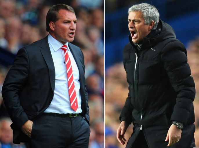 FILE PHOTO - EDITORS NOTE: COMPOSITE OF TWO IMAGES - Image Numbers 150452492 (L) and 479407505) In this composite image a comparison has been made between Brendan Rodgers ,manager of Liverpool (L) and Chelsea manager Jose Mourinho. The top two teams in the Premier League meet in a league match on April 27, 2014 at Anfield in Liverpool,England. ***LEFT IMAGE*** WEST BROMWICH, ENGLAND - AUGUST 18: Liverpool manager Brendan Rodgers looks on during the Barclays Premier League match between West Bromwich Albion and Liverpool at The Hawthorns on August 18, 2012 in West Bromwich, England.