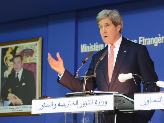 United States Secretary of State John Kerry ) speaks during a joint press conference in Rabat on April 4,2014 with Moroccan Minister of Foreign Affairs Salaheddine Mezouar (not in picture). Kerry also will meet with Premier Benkirane to discuss security issues and terrorism in the Sahel region.