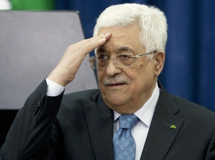 Palestinian President Mahmoud Abbas gestures during a meeting with Jordanian Prime Minister Abdullah Ensour, in the West Bank city of Ramallah, Wednesday, April 23, 2014. (AP Photo/Majdi Mohammed)