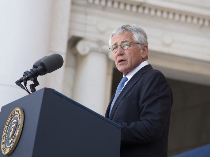 ARLINGTON, VA - MAY 26: Secretary of Defense Chuck Hagel speaks during a Memorial Day event at Arlington National Cemetery, May 26, 2014 in Arlington, Virginia. Obama returned to Washington the morning of May 26, after a surprise visit to Afghanistan to visit U.S. troops at Bagram Air Field. (Pool photo by Drew Angerer/Getty Images)