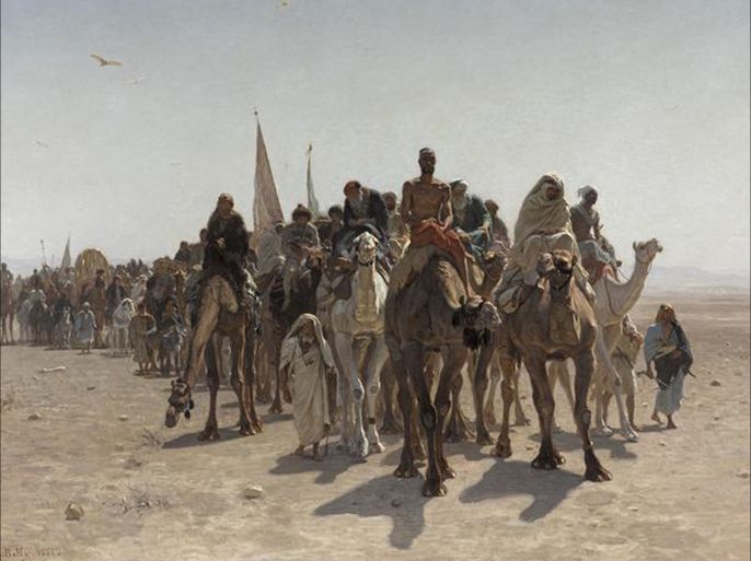 لوحة "حجاج في طريقهم الى مكة" التي رسمها المستشرق الفرنسي ليون بيلي