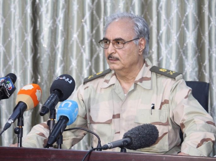 A picture made available 20 May 2014 shows retired Libyan General Khalifa Haftar during a press conference in Abyar, a small town to the east of Benghazi, Libya, 17 May 2014. Gunmen aligned with a rogue Libyan Army colonel attacked parliament 18 May 2014 in Tripoli, official media reported, amid confusion over the legislature's fate. The gunmen are loyal to retired colonel Khalifa Haftar, who has led a campaign against Islamist militias on the outskirts of the eastern city of Benghazi, which has left 70 dead since 16 May.